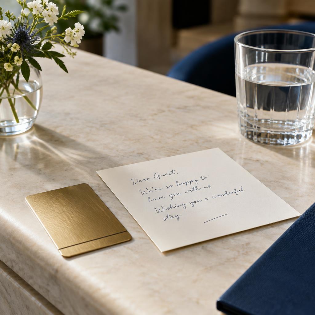 Personalised hotel welcome note and key card