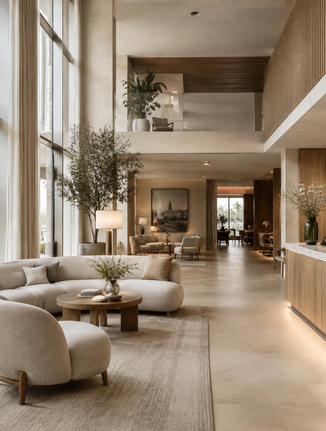 Light-filled contemporary boutique hotel lobby